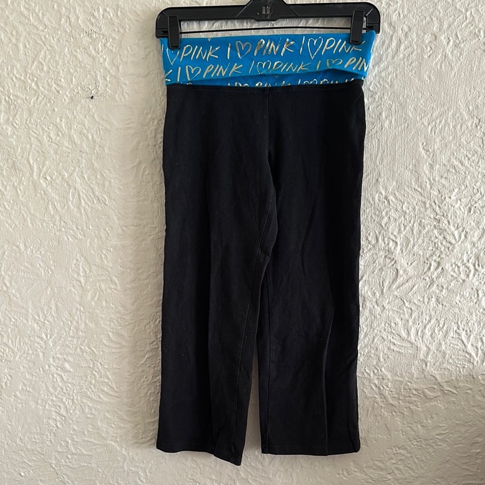 Victoria’s Secret Pink Black Cropped Leggings Fold Over Waistband Blue Gold y2k